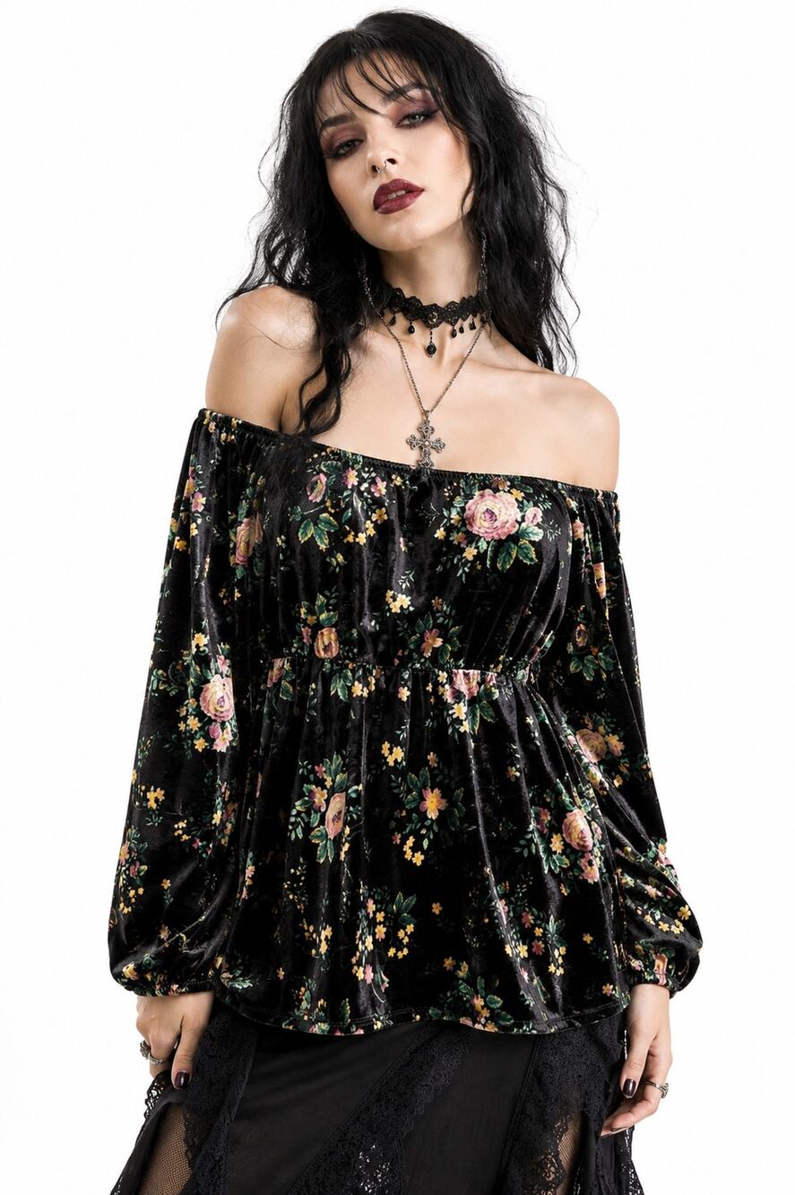 Y2K Velvet Empire Waist Floral Whimsigoth Milkmaid Top Women Sz L Dark Romantic